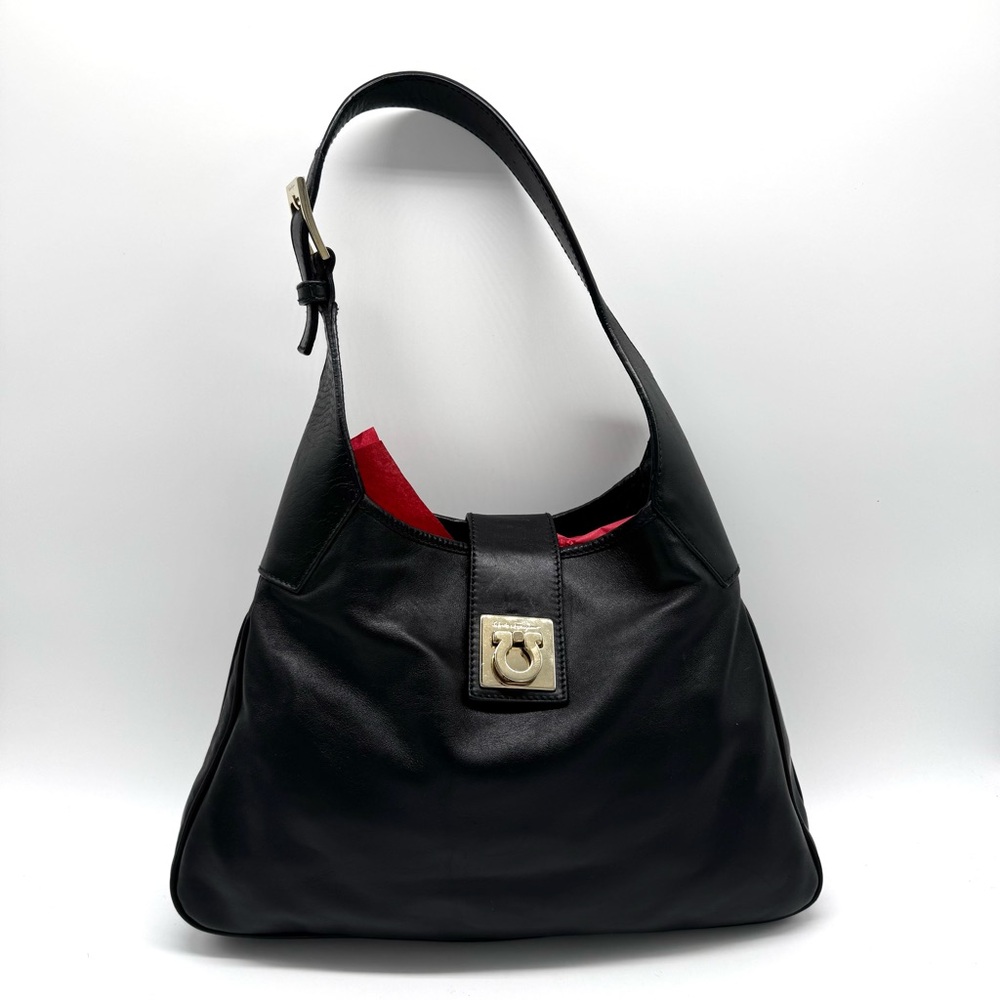 Salvatore Ferragamo Black Leather Gancini Hobo Shoulder Bag